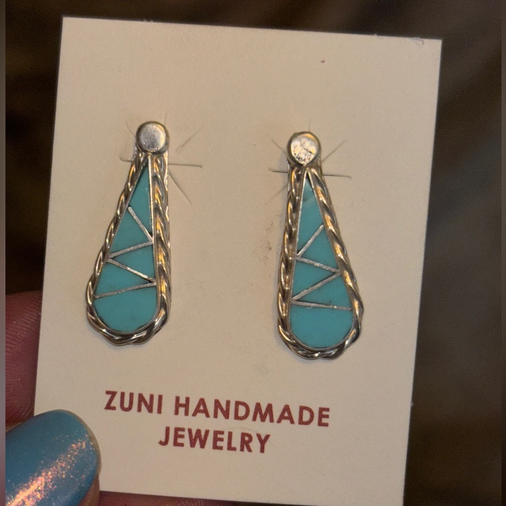 Zuni Inlay turquoise post earrings by native artist Swain Charlie. Sterling